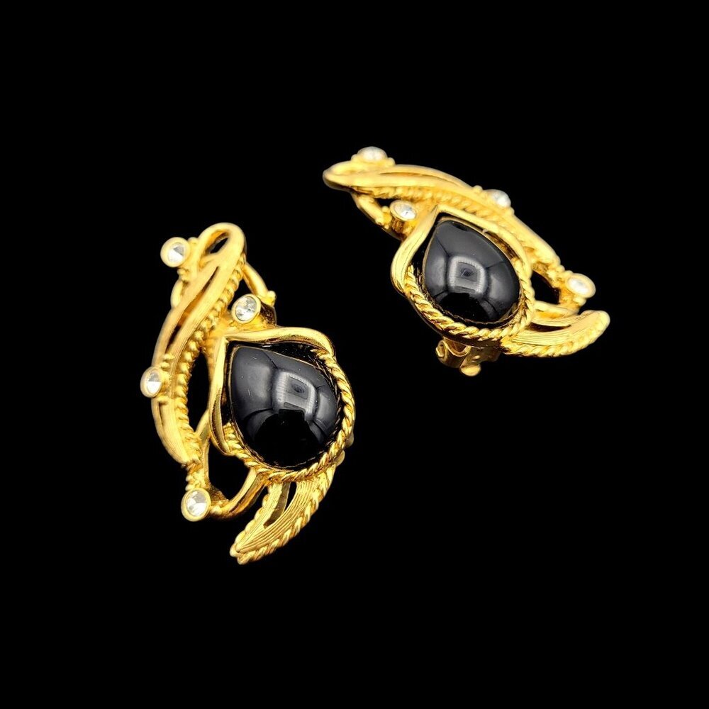 VTG Barrera for Avon Clip-On Earrings Goldtone Black Lucite Stones Rhinestones - Picture 2 of 7